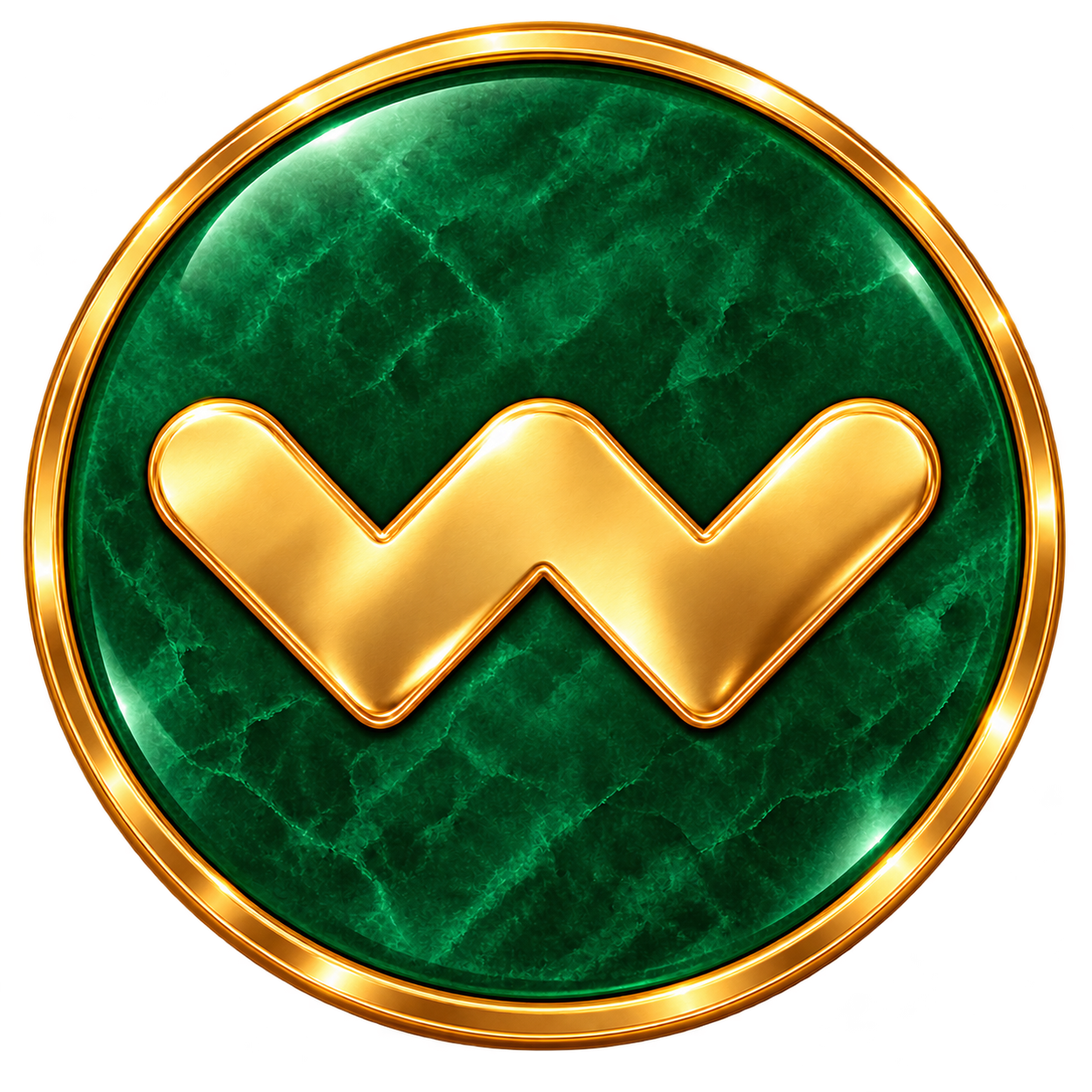 We Treat metallic gold W on an emerald green circle